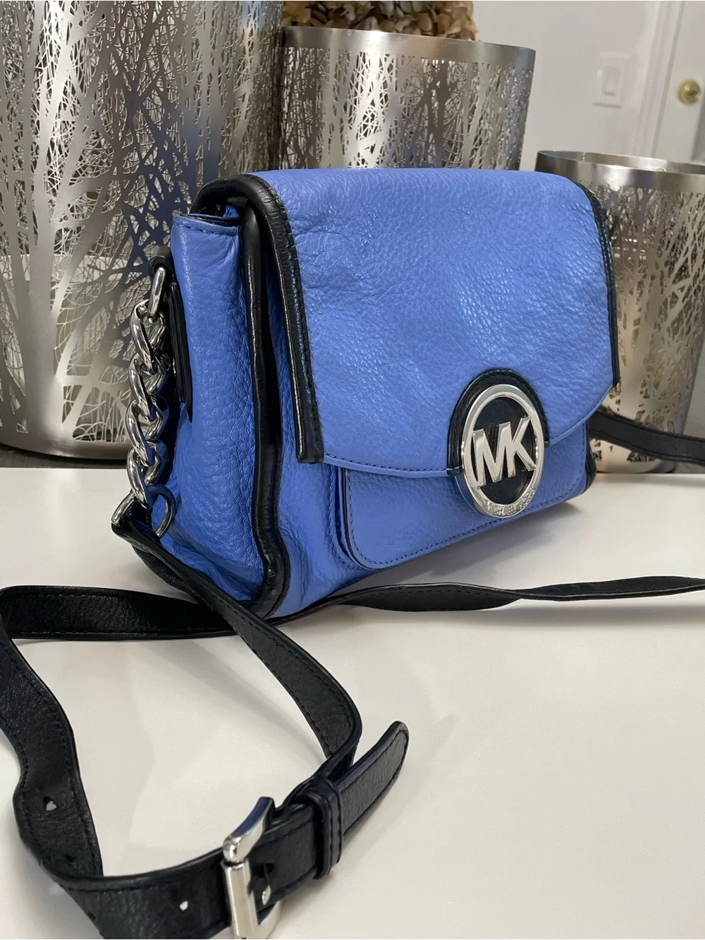 Michael Kors Blue Leather Crossbody Bag MK Logo Flap Chain Strap Shoulder